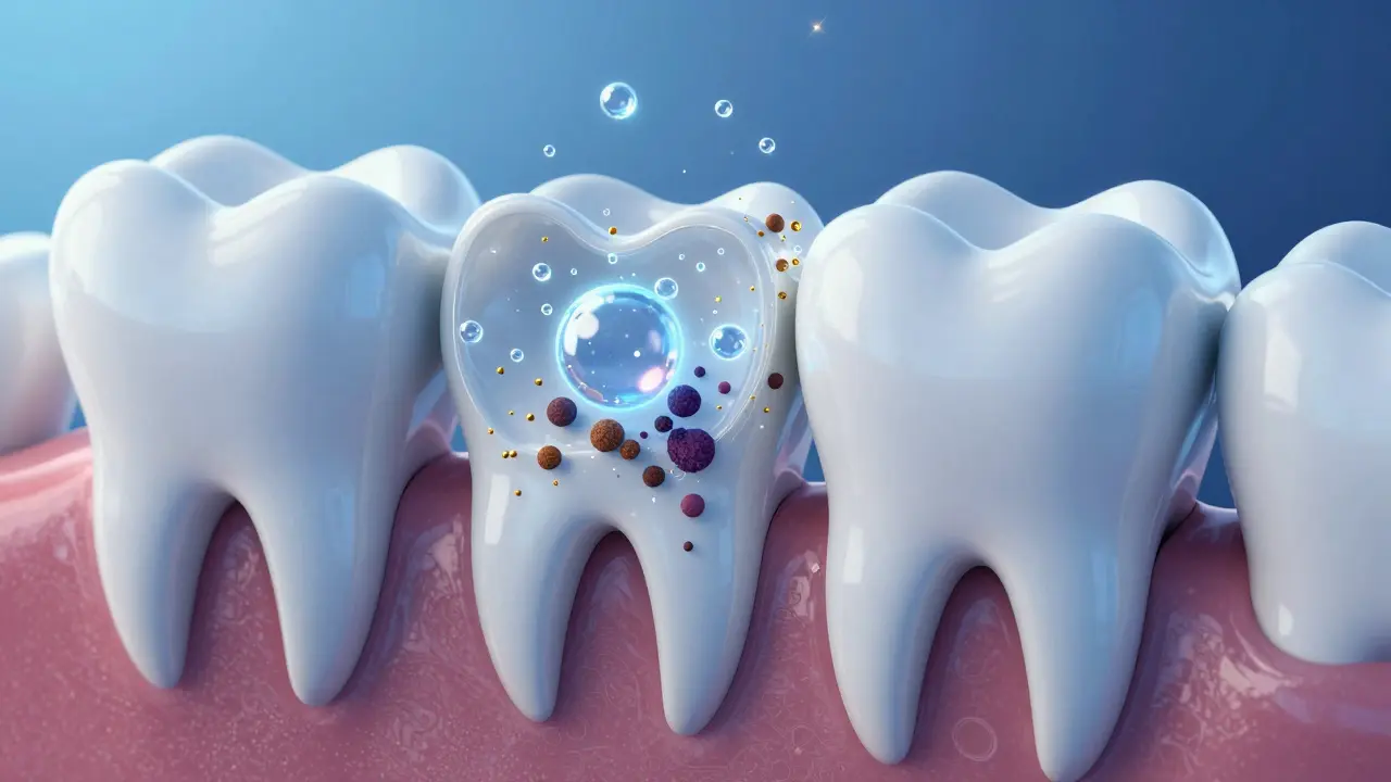 Konceptuální schéma peroxidu rozkládajícího pigmenty v dentistinu zubu.