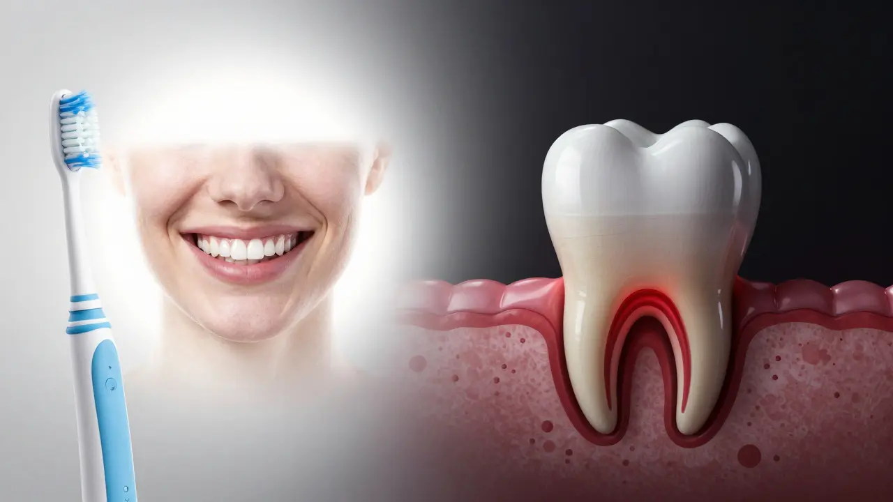 Konceptuální srovnání zdravého úsměvu a zubu s hlubokým kazem a zánětem.