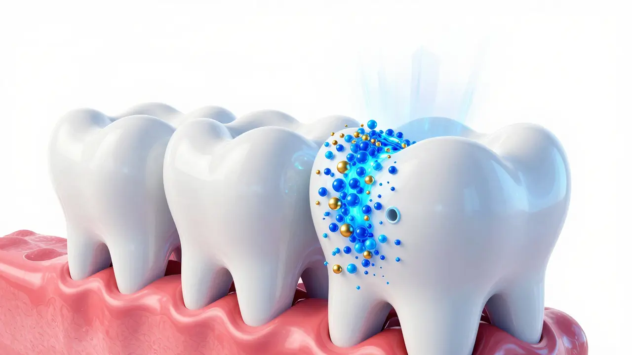 Konceptuální znázornění remineralizace skloviny pomocí minerálů.