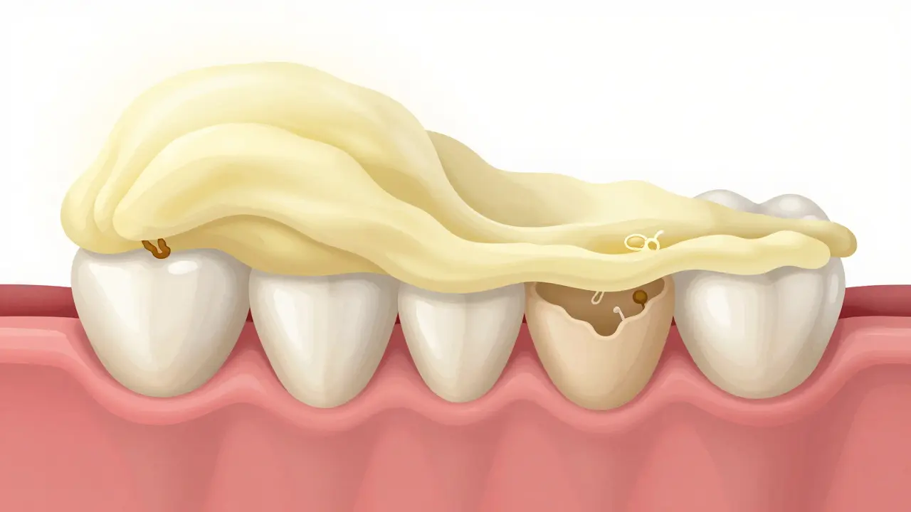 Konceptuální zobrazení vrstev zubního kamene a plaku na zubu.