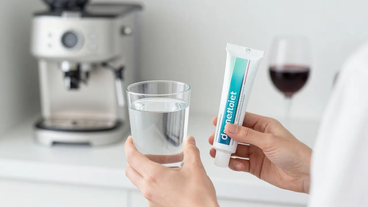 Osobní péče o zuby s desenzitivizační pastou a sklenicí vody.