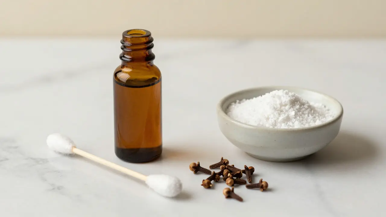 Přírodní prostředky pro úlevu od bolesti zubu: hřebíčkový olej a sůl na mramorovém povrchu.