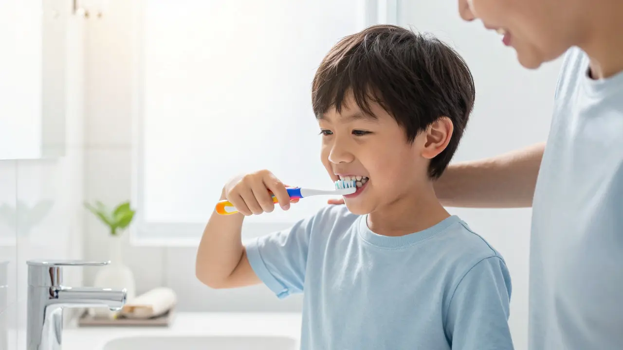 Rodič pomáhá dítěti správně vyčistit zuby v koupelně.