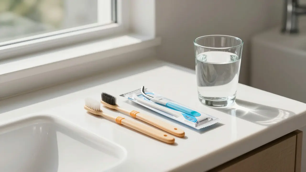 Sada pomůcek pro ústní hygienu včetně mezizubních kartáčků a stěradla na jazyk.