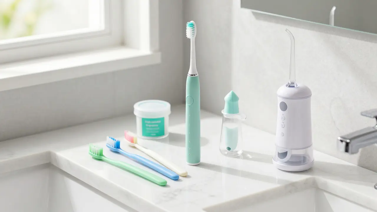 Sada pro hygienu zubů s rovnátkem, včetně mezizubních kartáčků a ústní sprchy.