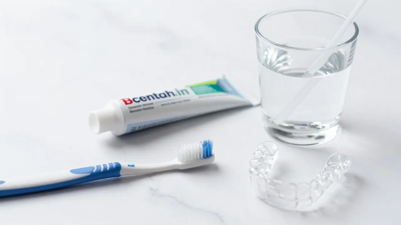 Sada pro péči o zuby zahrnující měkký kartáček, pastu, brčál a noční chránič zubů.