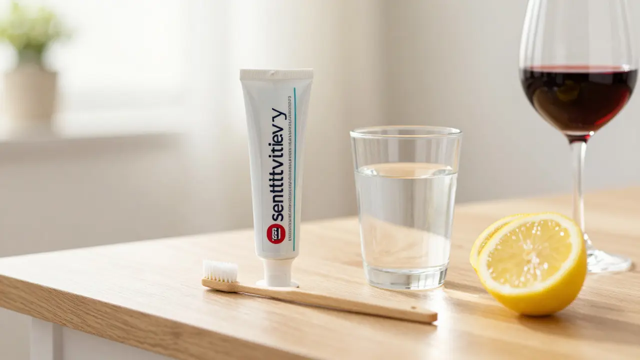 Sada produktů pro péči o zuby a vlažná voda na světlém stole.