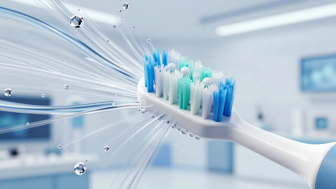 Sonický kartáček vytvářející proudění tekutiny mezi zuby pro odstranění plaku.