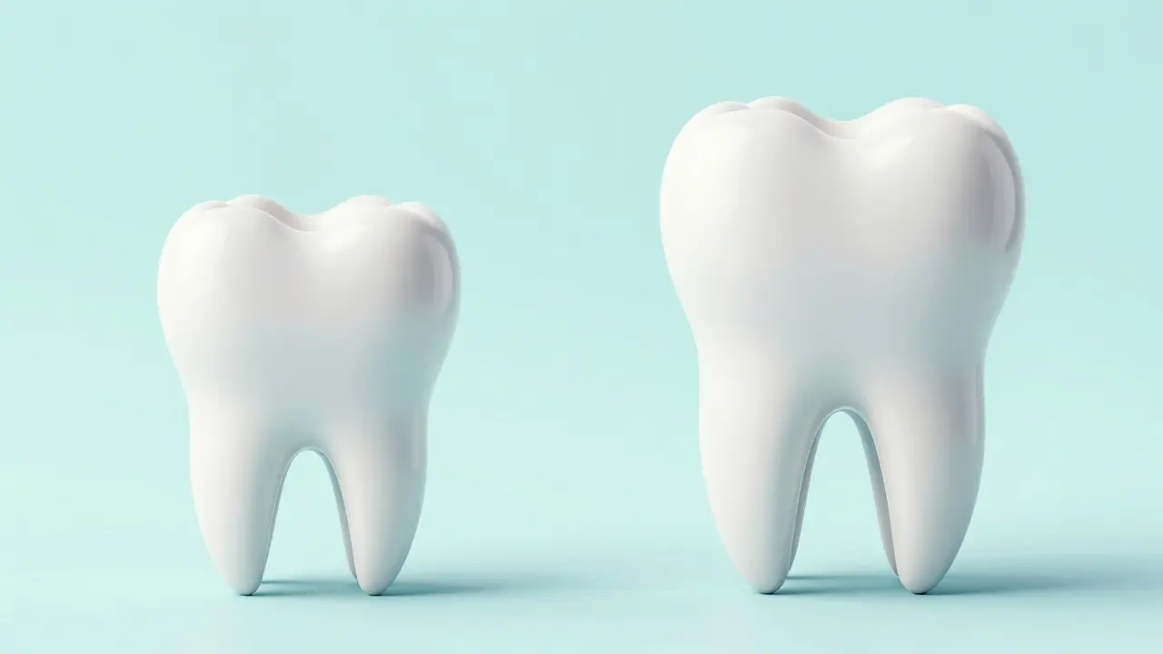 Srovnání anatomie mléčného zubu a trvalého zubu s hlubokým kořenem.