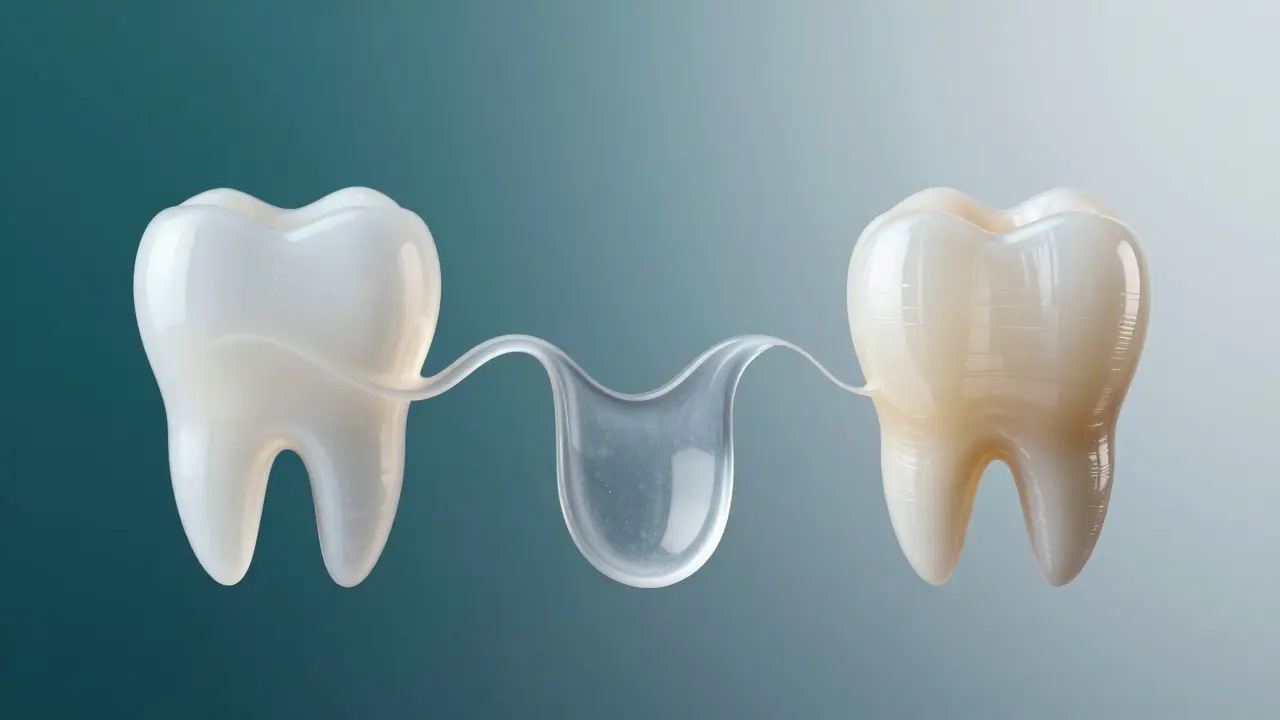 Srovnání materiálů: termoplast, akrylátový vinyr a keramický zub.