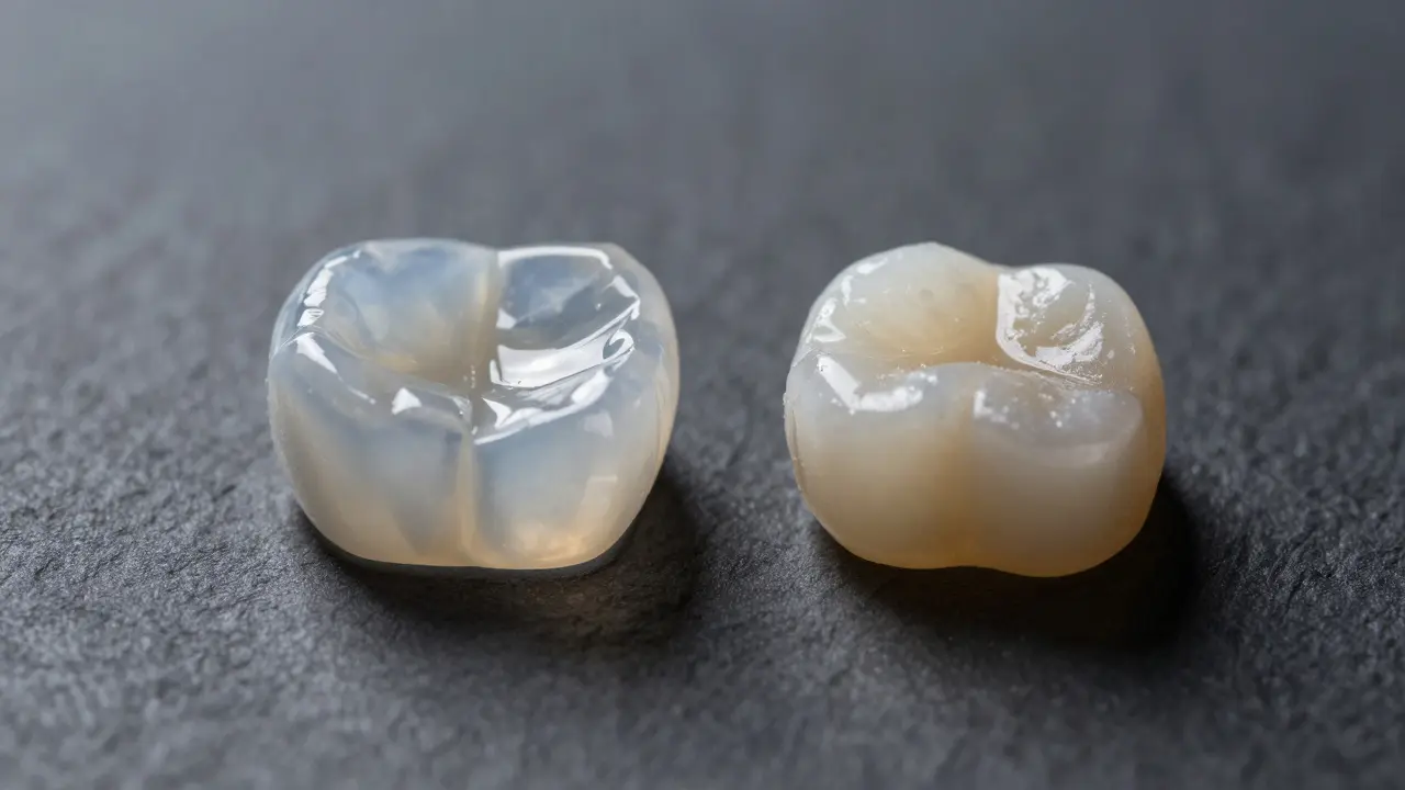 Srovnání textury porcelánové a kompozitní fasety.