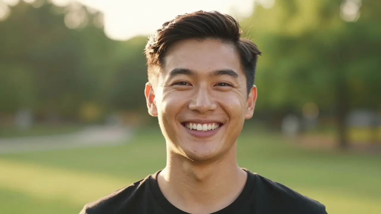 Šťastný člověk s přirozeným a symetrickým úsměvem po aplikaci faset.