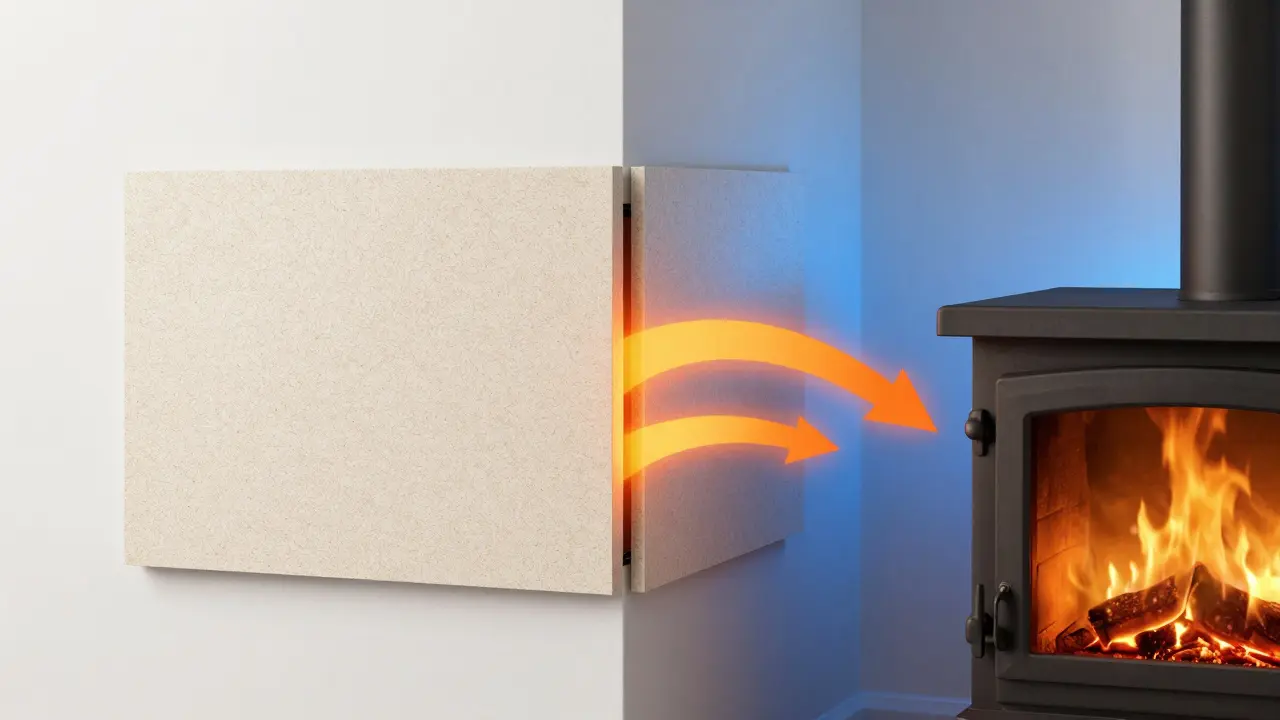 Technický detail protipožární desky se vzduchovou mezerou chránící stěnu před teplem.