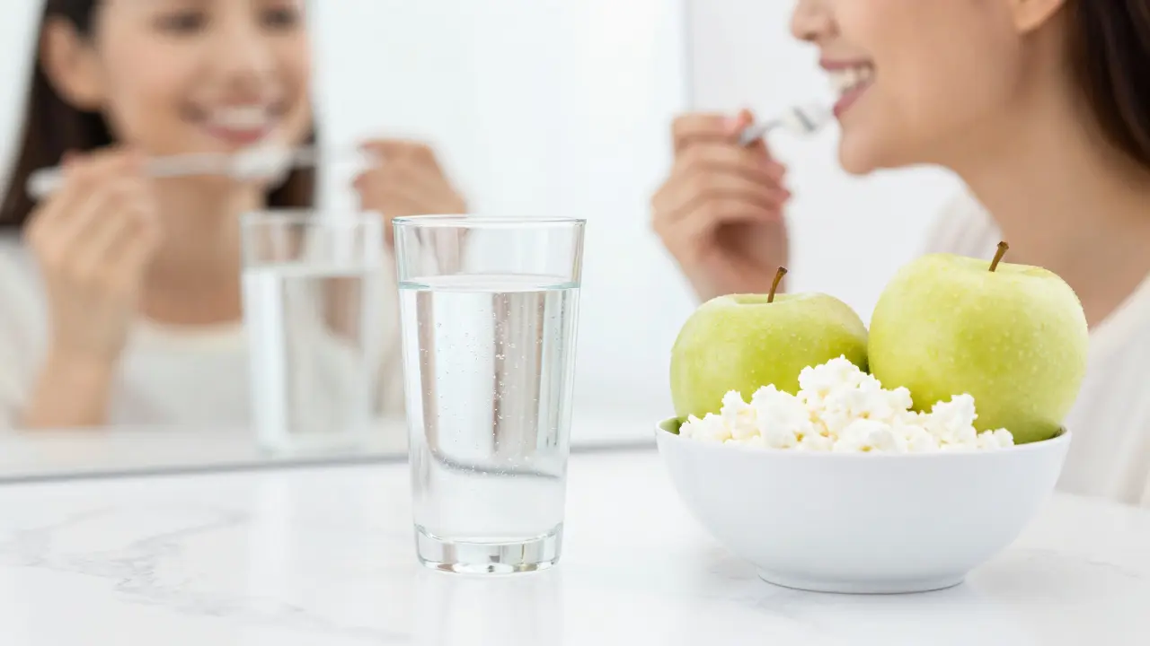 Zdravá bílá jídla a voda reprezentující bílou dietu po pískování.