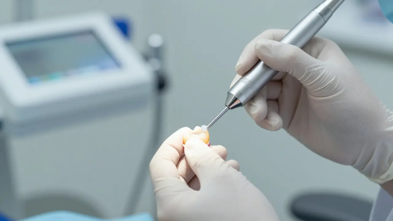 Zubař aplikující fluoridový lak na zub pro prevenci kazu.