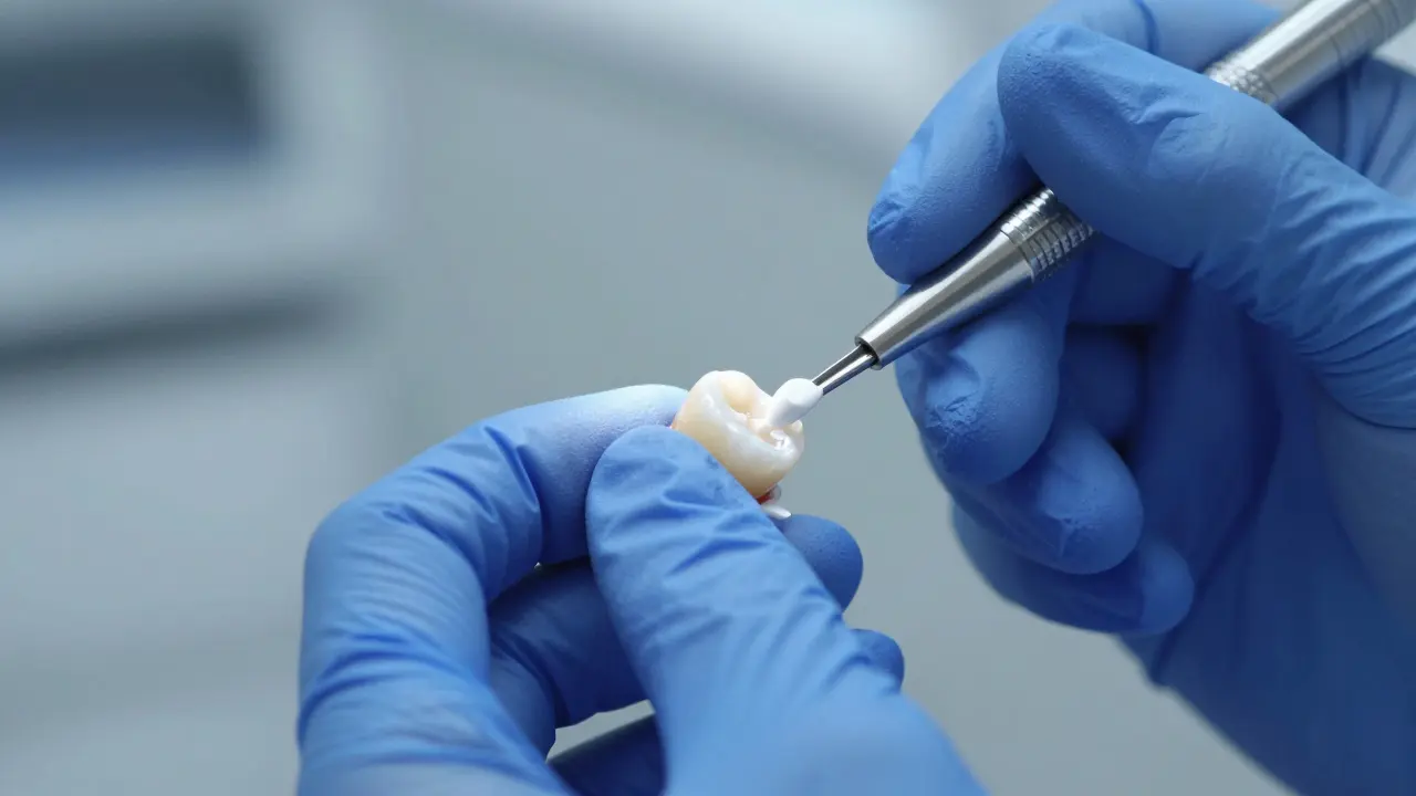 Zubař nanáší vrstvu bílého kompozitního materiálu na pigmentovaný zub.