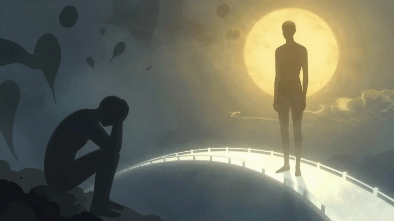 Abstraktní ilustrace přeměny z nejistoty na sebevědomí a klid