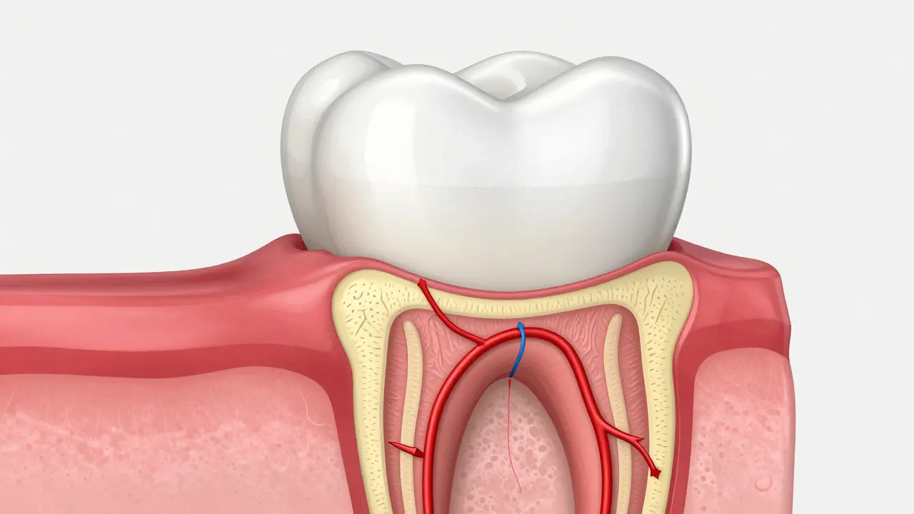 Anatomický řez zubem ukazující sklovinu, dentin a nerv