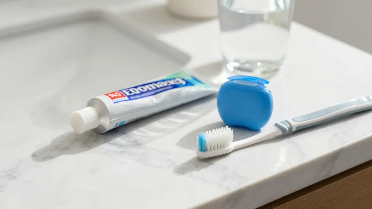 Hygienické potřeby jako pasta a nitě na pultu pro prevenci zubního kazu.