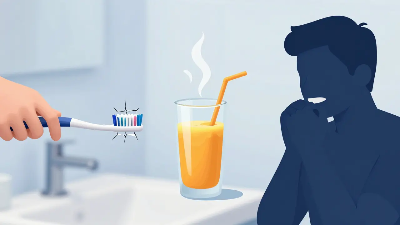 Ilustrace příčin citlivosti zubů: tvrdý kartáček, kyseliny a bručení.