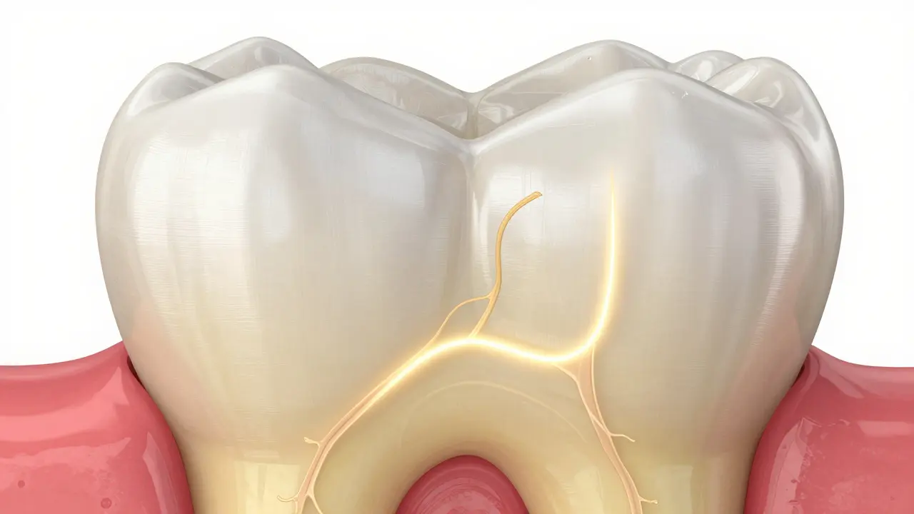 Makro pohled na řez zubem ukazující odhalený dentin a mikroskopické kanálky vedoucí k nervu.
