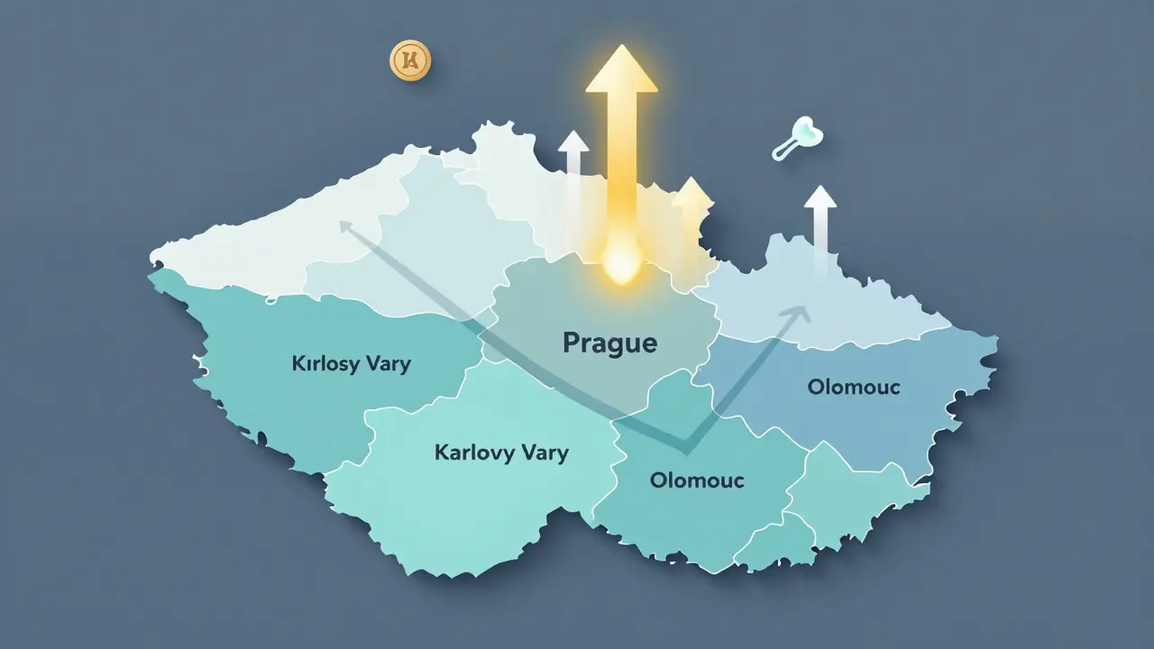 Mapa ČR ukazující rozdíly v cenách stomatologie mezi regiony