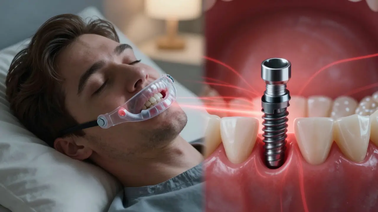 Pacient spící s ochrannou clonou proti bruxismu chránícímu implantáty.
