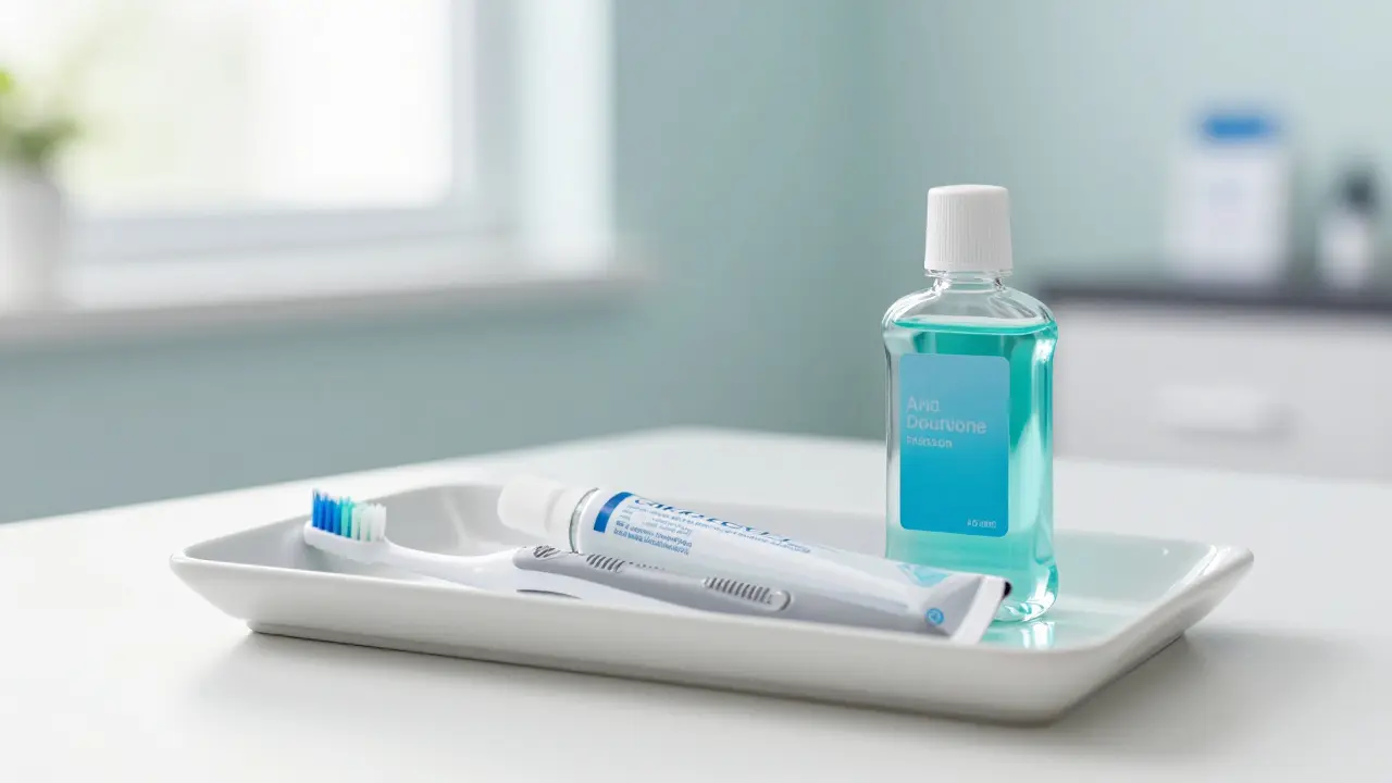 Sada pro ústní hygienu včetně elektrického kartáče a interdentálních štětců.