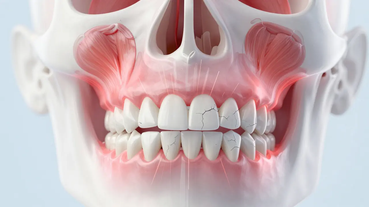 Anatomická ilustrace zánětu žvýkacích svalů a poškození zubů při bruxismu