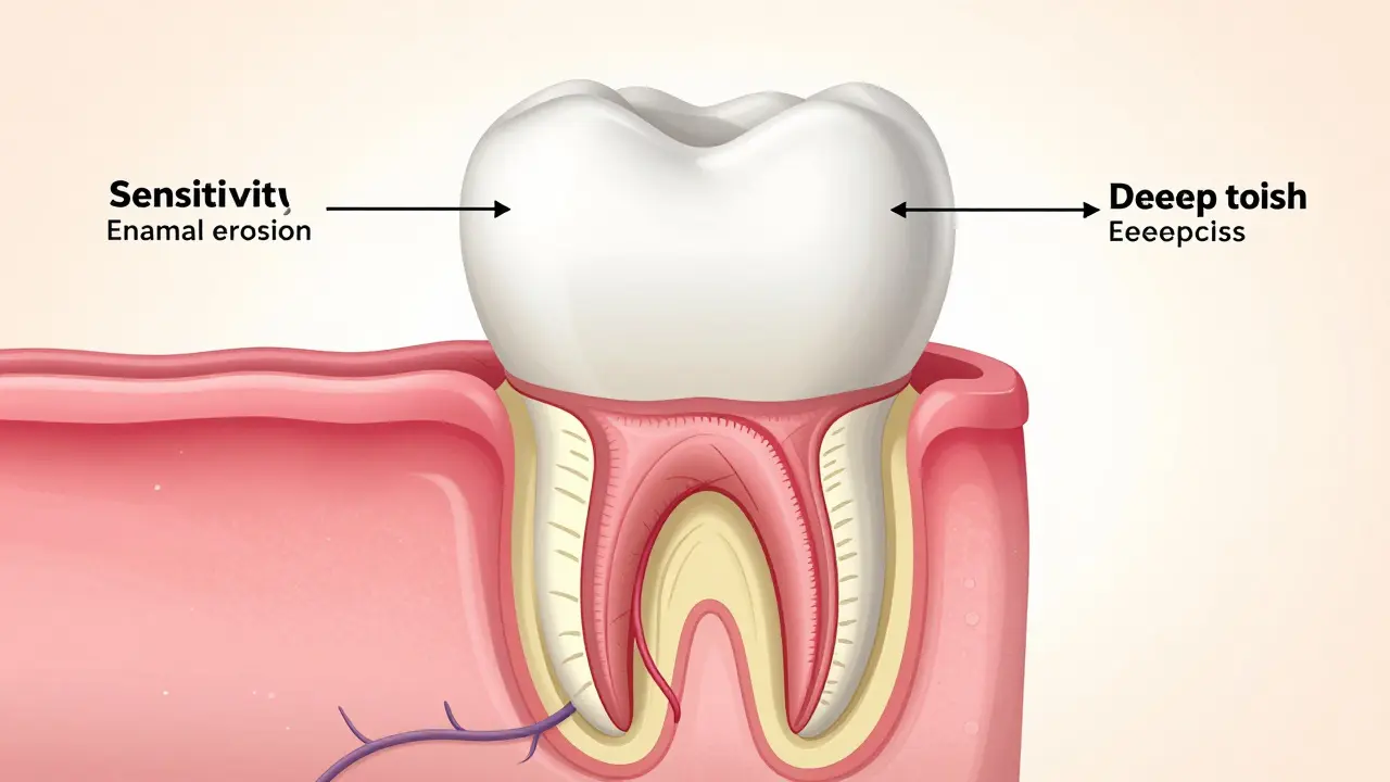 Anatomický průřez zubem ukazující sklovinu, dentin a nerv