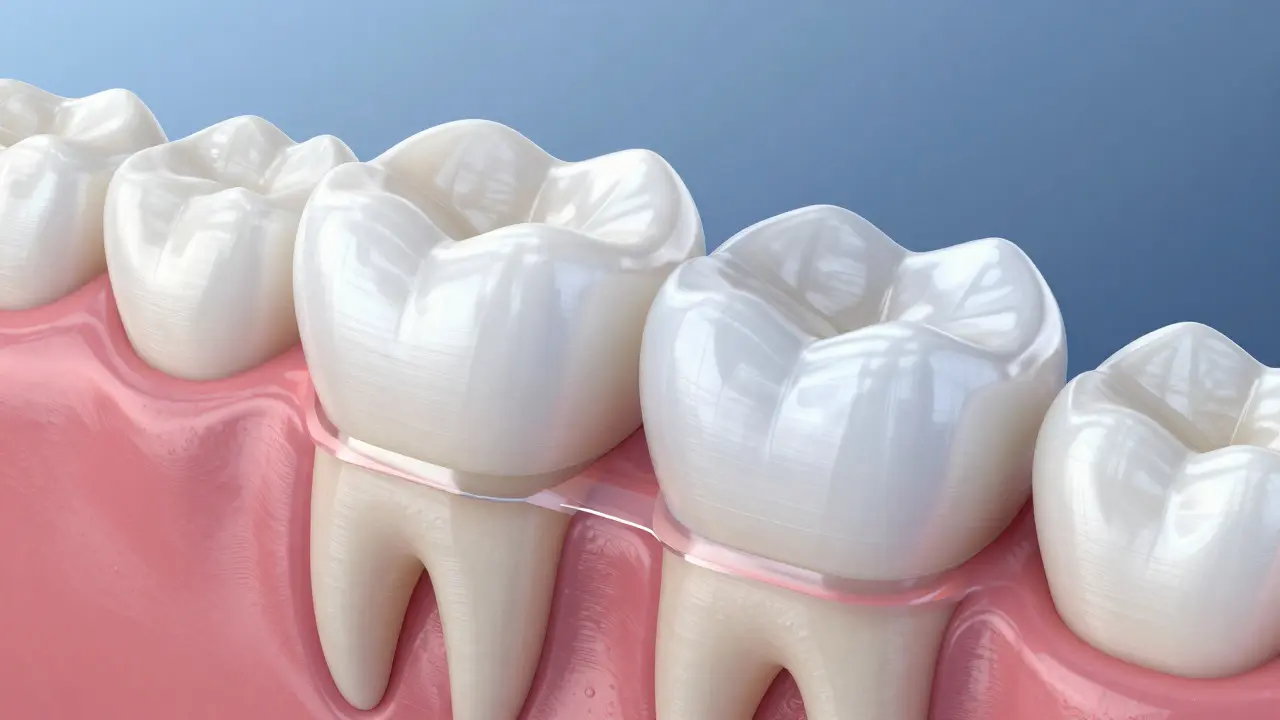 Detailní anatomický pohled na aplikaci tenké porcelánové fazety na zub.