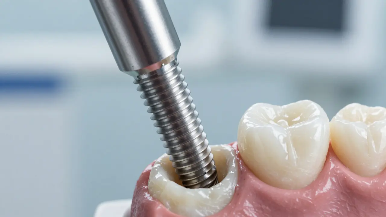 Detailní záběr na titanový zubní implantát a keramickou korunku v klinickém prostředí
