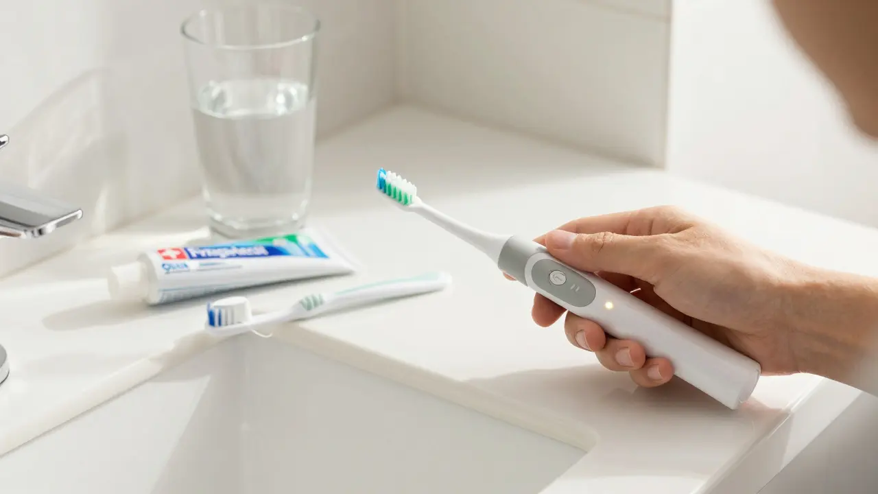 Elektrická kartáčka, nitě a mezizubní kartáčky na čistém pultu symbolizující správnou ústní hygienu.