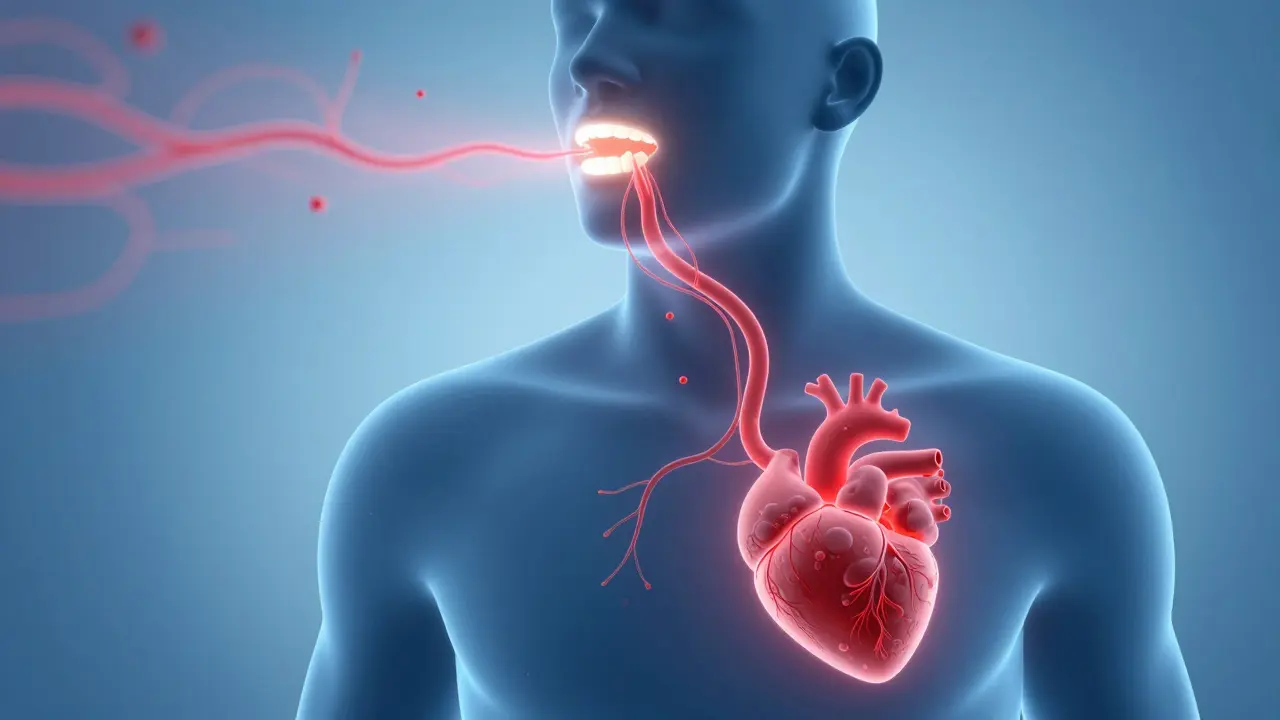 Konceptuální umění ukazující souvislost ústní hygieny a srdečních chorob