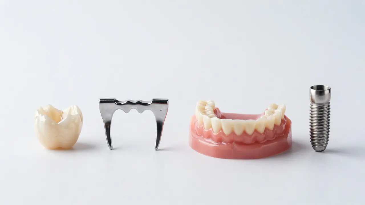 Přehledná ukázka různých typů náhrad zubů: korunka, můstek, protéza a implantát