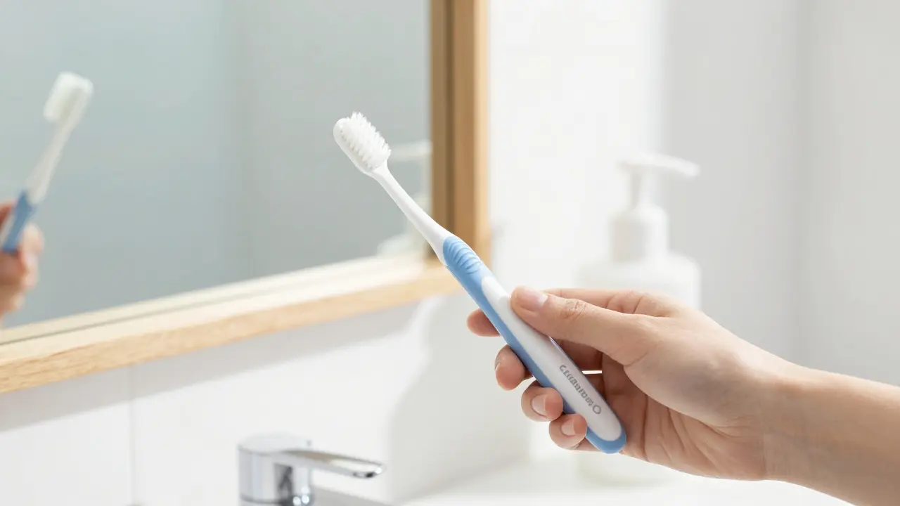 Ruka drží ergonomický zubní kartáček Curaprox v čistém koupelnovém prostředí