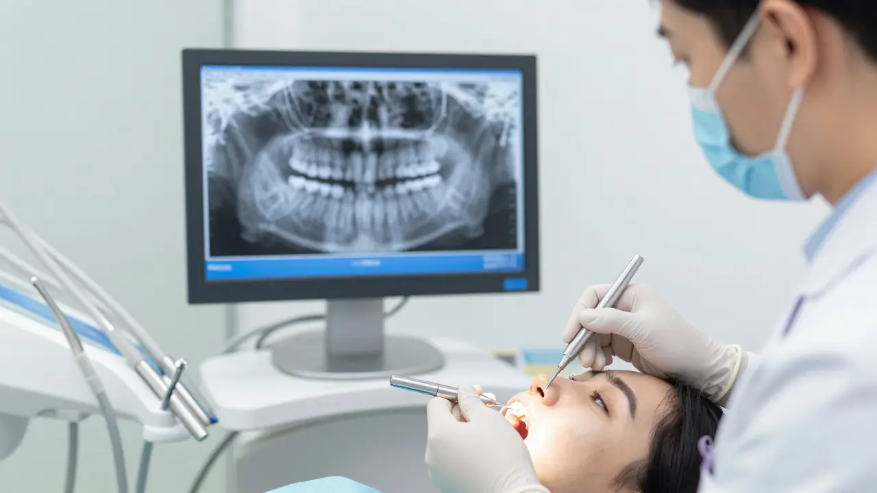Stomatolog provádí diagnostiku bolesti předních zubů v ordinaci