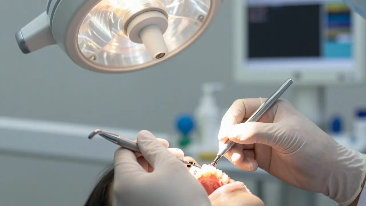 Stomatolog umisťuje provizorní korunku na čerstvý implantát