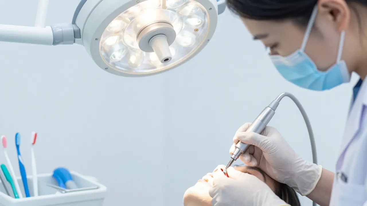 Zubní lékař utahuje šroub implantátu pomocí speciálního klíče