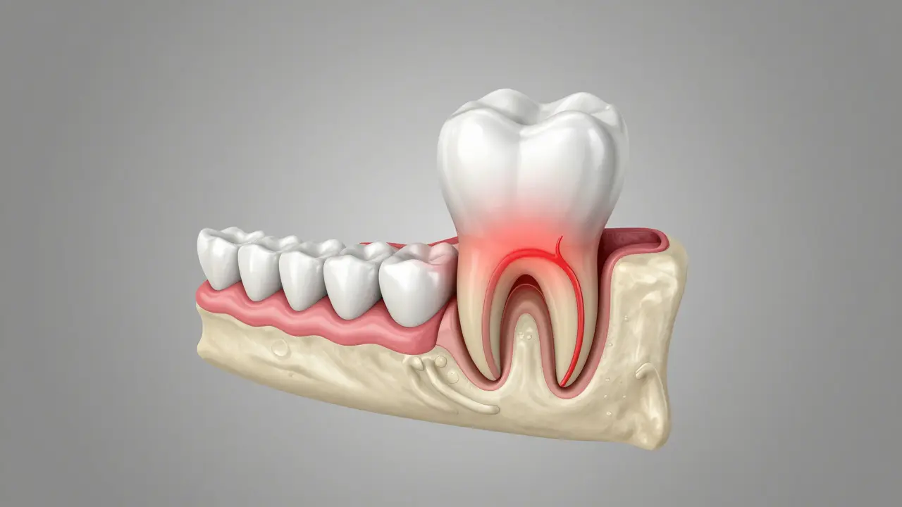 Anatomický pohled na zánětlivý nerv v zubu a okolní tkáně.