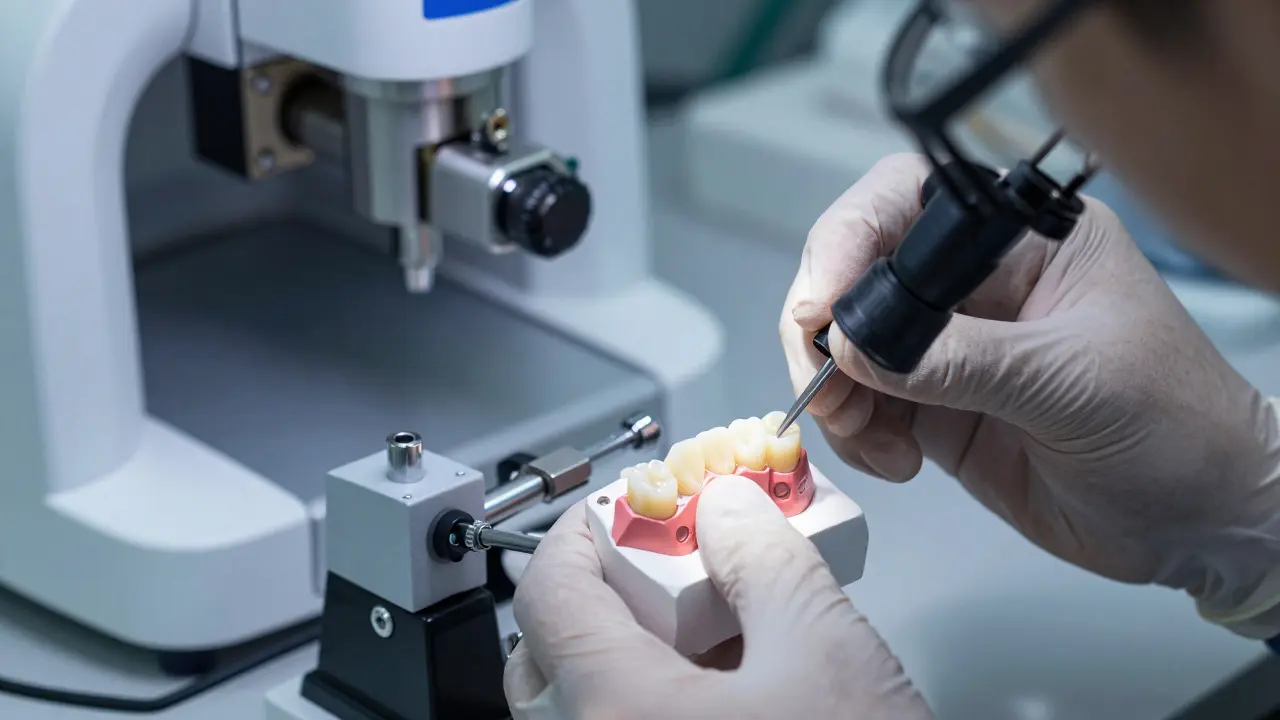 Dentální technik ručně maluje keramický zubní můstek v laboratoři vedle CAM frézky.