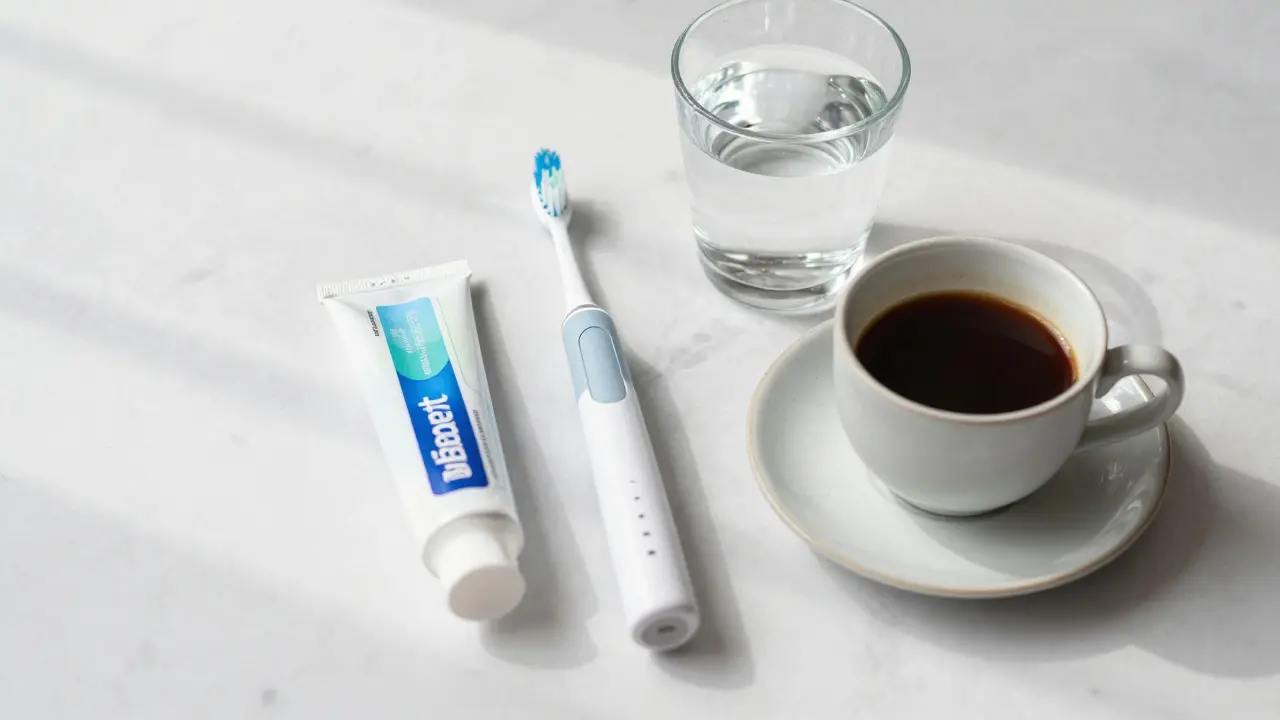 Hygienické potřeby a káva na mramorové desce pro péči o zuby