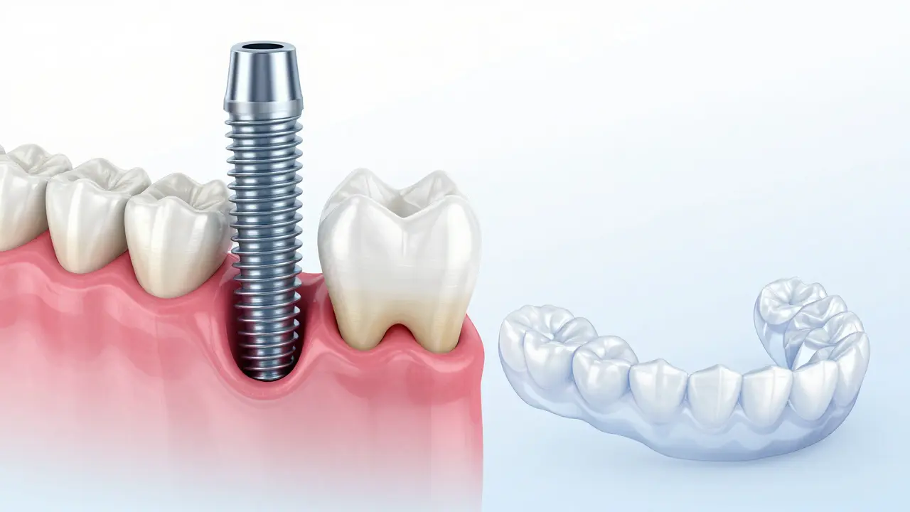 Implantát spojený s kostí oproti volné protéze