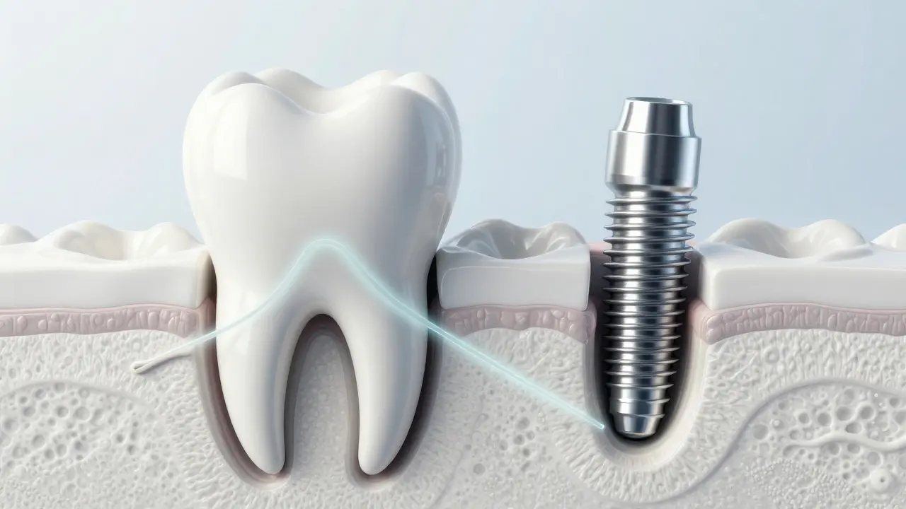 Rozdíl mezi přírodním kořenem zuba a titanovým implantátem