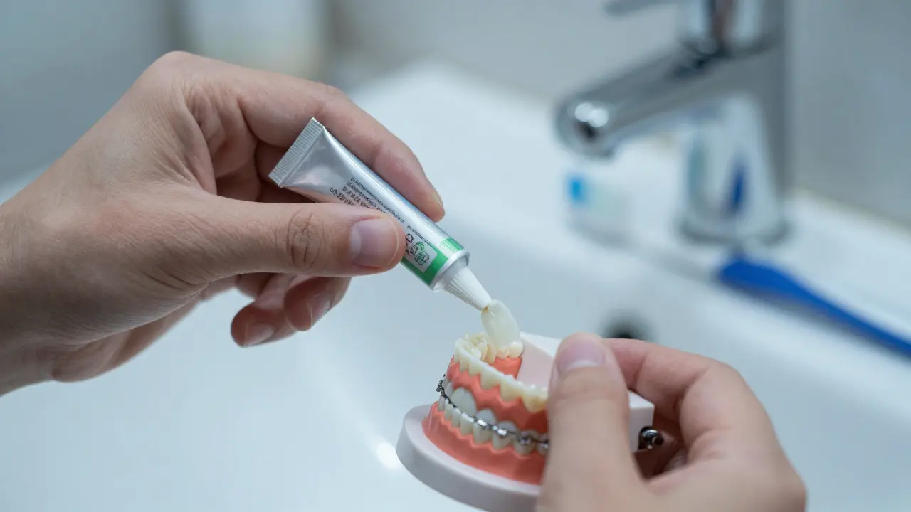 Ruka nanášející vosk na držák rovnátka pro úlevu od bolesti