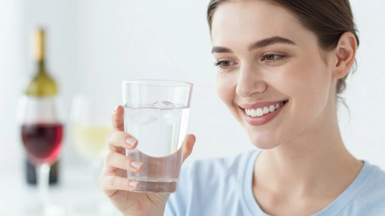 Žena pije vodu s ledem a vyhýbá se barevným nápojům po bělení
