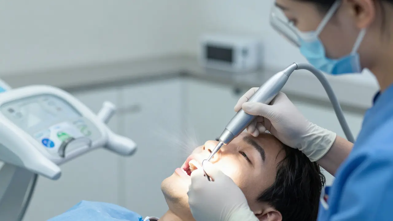 Zubní hygienista čistí zuby ultrazvukovým scalpem