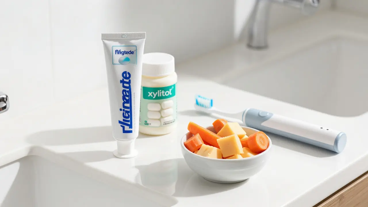 Zubní pasta, xylitol a zdravá jídla na pultu pro péči o zuby