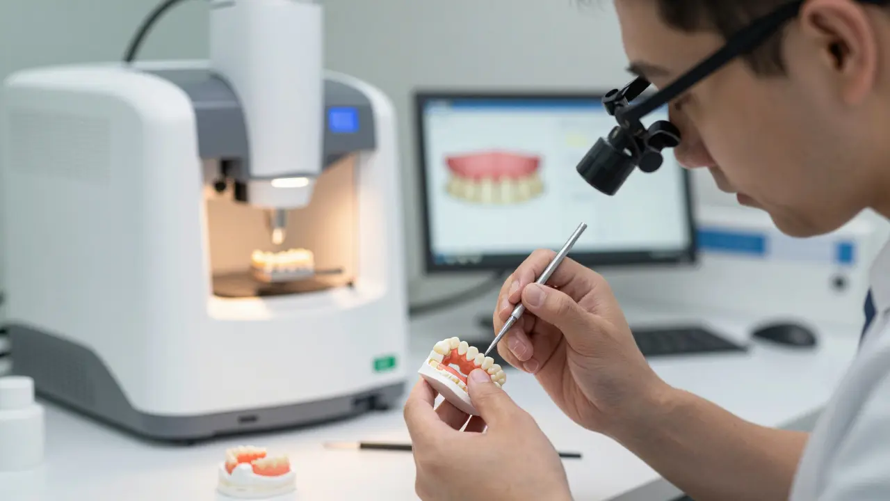 Zubní technik ručně zpracovává keramickou korunku v laboratoři