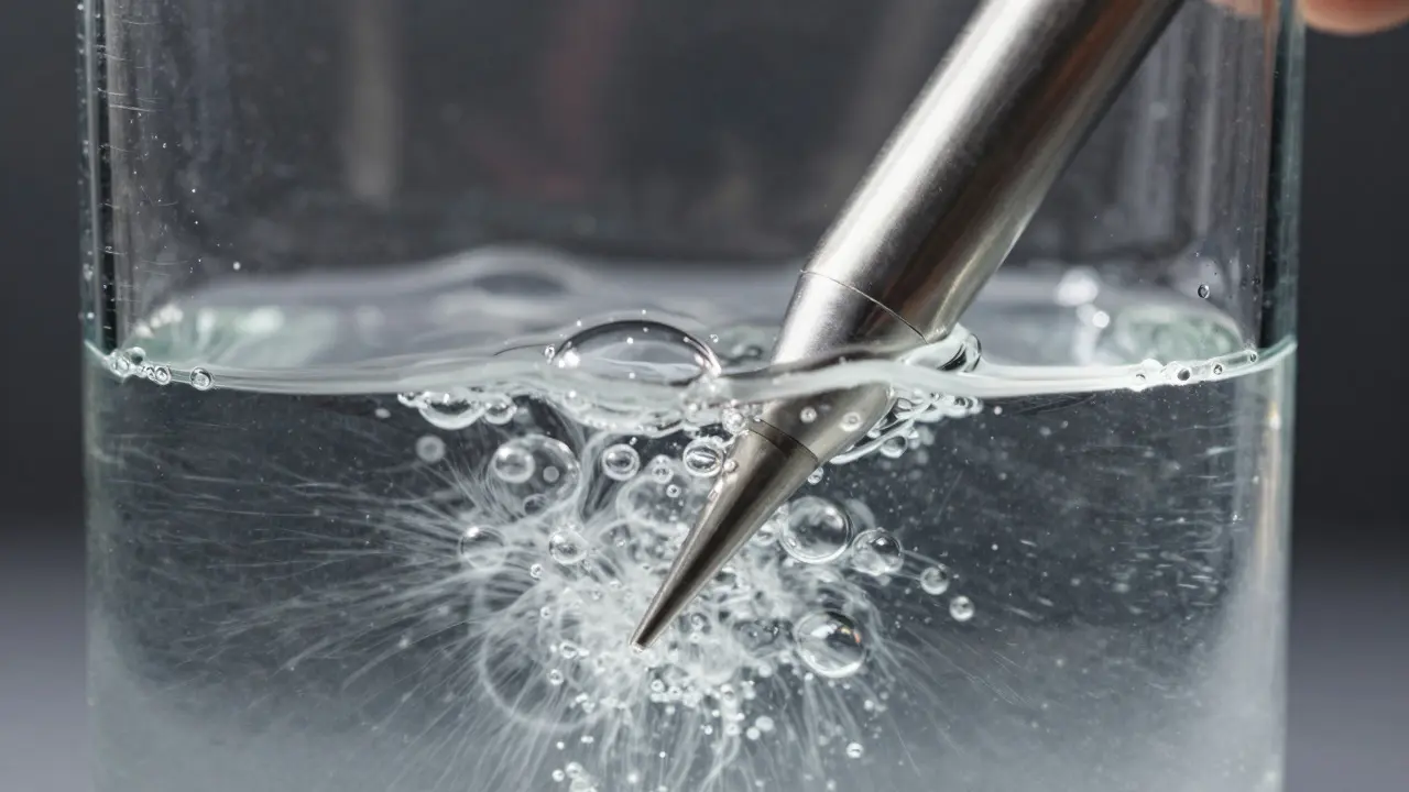 Close-up of an ultrasonic scaler tip creating cavitation bubbles in clear water